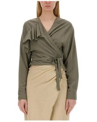 Alysi - Overhemden ,Groen ,Leer Blouse Met Ruches En Overslag En Lange Mouwen - Lyst