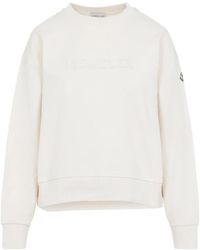 Moncler - Hoodies & Sweatvesten ,Wit ,Katoen Geborduurd Logo Katoenen Sweatshirt - Lyst