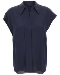 Vince - Overhemden ,Blauw ,Spandex Stretch-Zijde Blouse Met Verborgen Knoopsluiting En Korte Mouwen - Lyst