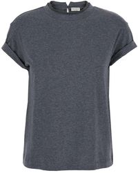 Brunello Cucinelli - Tops ,Grijs ,Katoen Grijze Crewneck T-Shirt Met Monil-Detail - Lyst