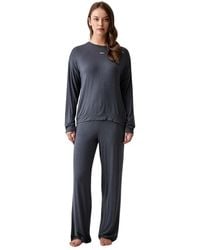 DKNY - Nachtkleding ,Blauw ,Tweed Pyjamaset Met Lange Mouwen En Logoprint - Lyst
