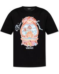 Versace - Tops ,Zwart ,Katoen T-Shirt Met Kleurrijke Print - Lyst