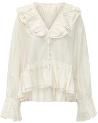 Ganni - Overhemden ,Wit ,Habotai Frill Blouse - Lyst