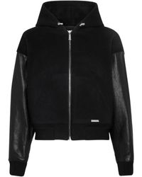 DSquared² - Jassen ,Zwart ,Wol Zwarte Jas Met Capuchon En Leren Mouwen - Lyst