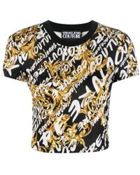 Versace - T-shirt corta nera con stampa logo brush couture all over - Lyst