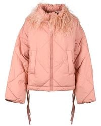 Twinset - Jassen ,Roze ,Polyester Gewatteerde Jas Met Afneembare Struisvogel Kraag - Lyst
