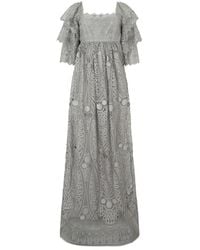 Alberta Ferretti - Kleedjes ,Grijs ,Polyester Elegante Lange Jurk Met Pofmouwen - Lyst