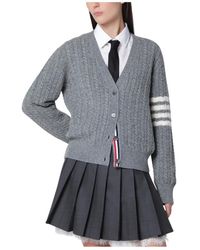 Thom Browne - Truien & Vesten ,Grijs ,Wol Anchor Intarsia Cable Stitch V Neck Cardigan - Lyst