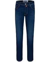 Jacob Cohen - Jeans slim fit in cotone blu con patch e dettagli gialli - Lyst