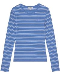 Ganni - Tops ,Blauw ,Katoen Zachte Katoenen Gestreepte Rib Longsleeve Top - Lyst