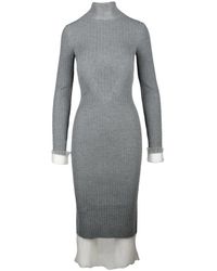 Sportmax - Kleedjes ,Grijs ,Tule Lange Gebreide Jurk Met Tule Details - Lyst