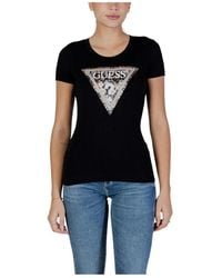 Guess - Tops ,Zwart ,Katoen Bedrukte T-Shirt Met Korte Mouwen En Ronde Hals - Lyst