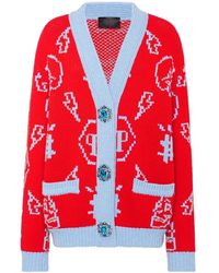 Philipp Plein - Truien & Vesten ,Rood ,Wol Jacquard Cardigan Monogram - Lyst