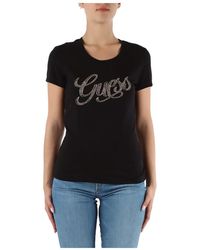 Guess - T-shirt slim fit in cotone stretch con logo in strass e perline - Lyst