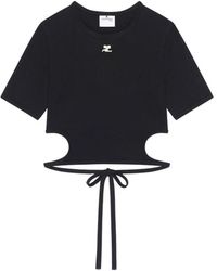 Courreges - Tops ,Zwart ,Katoen Ribbon Cut Out Contrast T-Shirt - Lyst
