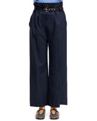 Tela - Broeken ,Blauw ,Wol Hoge Taille Blauwe Wollen Broek Met Riem - Lyst