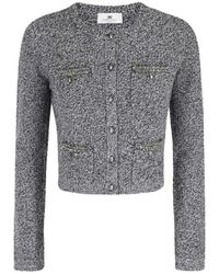 Elisabetta Franchi - Truien & Vesten ,Grijs ,Wol Grijze Bouclé Cardigan Met Lange Mouwen - Lyst