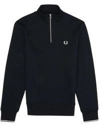 Fred Perry - Hoodies & Sweatvesten ,Blauw ,Katoen Sweatshirt Met Halve Rits En Strepen Op De Rug - Lyst