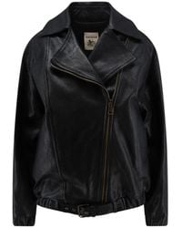 Semicouture - Jassen ,Zwart ,Leer Oversized Leren Jack Met Textuur - Lyst