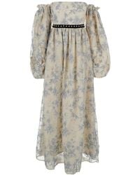 Agua Bendita - Vestido Azul Floral Con Escote Bardot En Lino, Mujer, Talla - Lyst