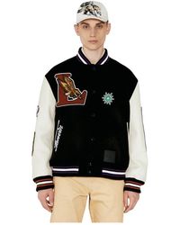 Lanvin - Jassen ,Zwart ,Katoen Logo Patch Leren Mouw Varsity Jas - Lyst