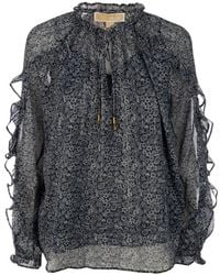 Michael Kors - Overhemden ,Blauw ,Polyester Geplooide Metallic Bloemige Georgette Blouse - Lyst
