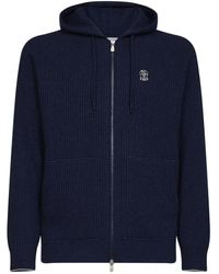 Brunello Cucinelli - Truien & Vesten ,Blauw ,Kasjmier English Rib Cashmere Hooded Zip-Up - Lyst