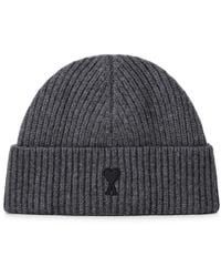 Ami Paris - Accessoires ,Grijs ,Wol Logo Beanie Van Zuivere Wol - Lyst