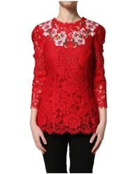Dolce & Gabbana - Red Lace Floral Embroidery Long Sleeves Top - Lyst