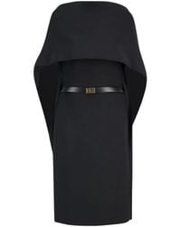 Ferragamo - Kleedjes ,Zwart ,Wol Midi Jurk Met Ceintuur En Golvende Voorpaneel - Lyst