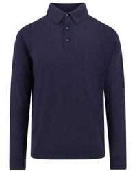 Kiton - Tops ,Blauw ,Wol Blauwe Polo Met Lange Mouwen En Geribbelde Kraag - Lyst