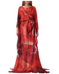 Roberto Cavalli - Rotes Seidenkaftan-Kleid Mit Rosenmuster - Lyst