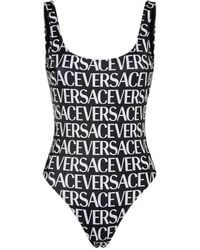 Versace - Badmode ,Zwart ,Polyester Badpak Uit Één Stuk Met Wit En Zwart Logo - Lyst