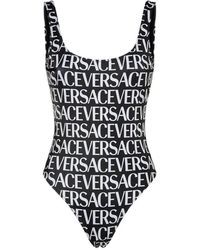 Versace - Badmode ,Zwart ,Polyester Badpak Uit Één Stuk Met Wit En Zwart Logo - Lyst