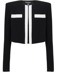 Balmain - Jassen ,Zwart ,Leer Tweekleurig Crêpe Spencer Jasje - Lyst
