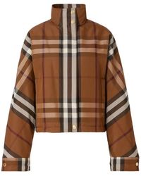 Burberry - Chaqueta corta a cuadros marrón con cuello de embudo - Lyst