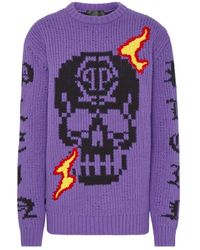 Philipp Plein - Truien & Vesten ,Paars ,Wol Round Neck Pullover Ls Skull - Lyst