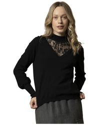 Kocca - Truien & Vesten ,Zwart ,Stijlvolle Kant V-Hals Trui - Lyst
