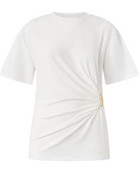 Pinko - Tops ,Wit ,Katoen T-Shirt Met Draperie En Gouden Detail - Lyst