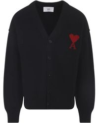 Ami Paris - Zwarte Wol V-Hals Cardigan Aw25 - Lyst