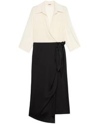 Oltre - Kleedjes ,Zwart ,Polyester Tweekleurige Jurk Met Overslagrok - Lyst