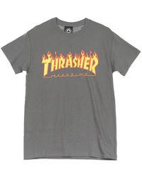 Thrasher - Tops ,Grijs ,Katoen Flame Tee T-Shirt Antraciet Grijs/Geel - Lyst