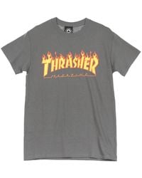 Thrasher - Tops ,Grijs ,Katoen Flame Tee T-Shirt Antraciet Grijs/Geel - Lyst