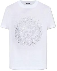 Versace - Tops ,Wit ,Katoen T-Shirt Met Kristallen - Lyst
