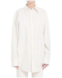 Saint Laurent - Overhemden ,Wit ,Katoen Gestreept Katoen Poplin Oversized Overhemd - Lyst