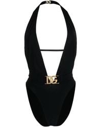 Dolce & Gabbana - Badmode ,Zwart ,Polyester Badpak Uit Één Stuk Met Diepe V-Hals En Riem - Lyst