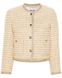 Miu Miu - Tweed-Jacke Mit Logo-Patch - Lyst