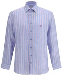 Etro - Overhemden ,Blauw ,Linnen Gestreept Linnen Overhemd Met Pegaso-Borduursel - Lyst