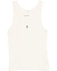 Saint Laurent - Tops ,Wit ,Katoen Cassandre Ribgebreide Tanktop - Lyst
