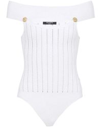 Balmain - Tops ,Wit ,Nylon Geribbelde Off-Shoulder Witte Body - Lyst